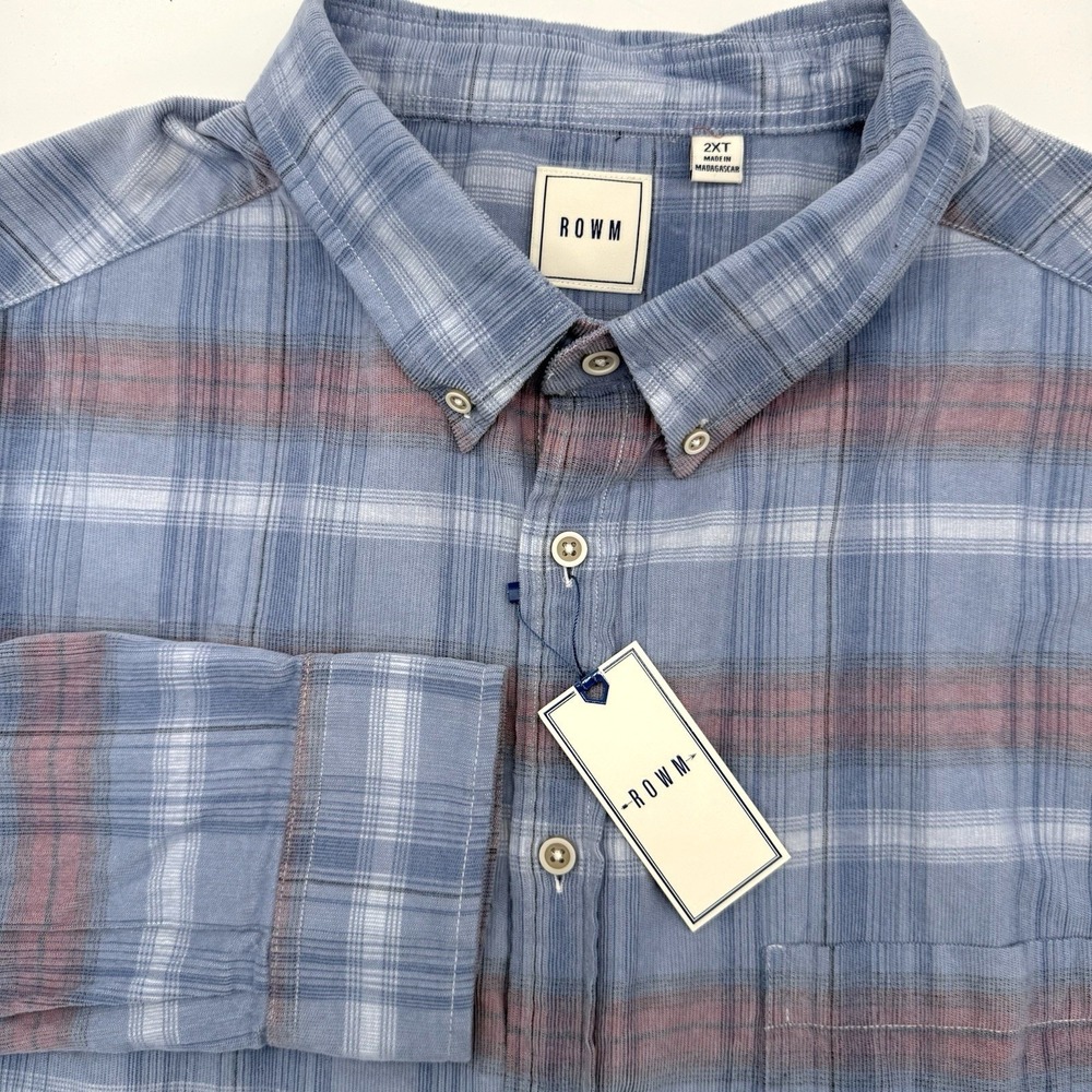 ROWM Button Down Shirt Men 2XT Blue Plaid Long Sleeve Textured Tall Casual